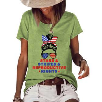 Messy Bun Stars Stripes & Reproductive Rights 4Th Of July Women's Loose T-shirt - Seseable