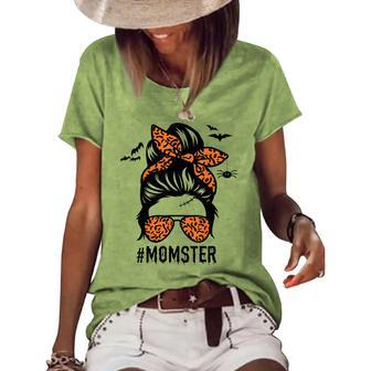 Mom Messy Bun Halloween Leopard Womens Momster Spooky Women's Loose T-shirt - Seseable