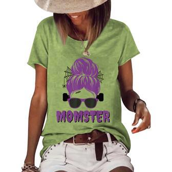 Momster Frankenstein Messy Bun Mom Halloween Costume Women's Loose T-shirt - Seseable