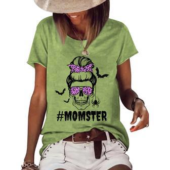 Womens Momster Halloween Costume Skull Mom Messy Bun Women's Loose T-shirt - Seseable