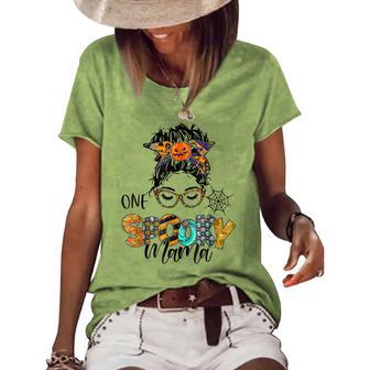 One Spooky Mama For Halloween Messy Bun Mom Monster Bleached Women's Loose T-shirt - Seseable