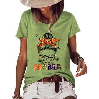 One Spooky Mama For Halloween Messy Bun Mom Monster Bleached V2 Women's Loose T-shirt - Seseable
