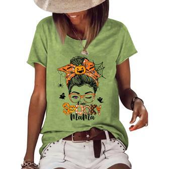 One Spooky Mama For Halloween Messy Bun Mom Monster Bleached V3 Women's Loose T-shirt - Seseable