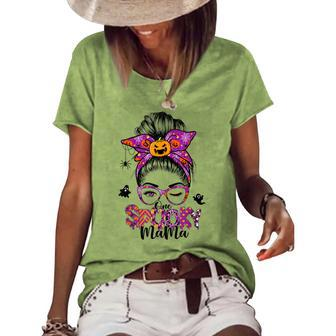One Spooky Mama For Halloween Messy Bun Mom Monster Bleached V6 Women's Loose T-shirt - Seseable