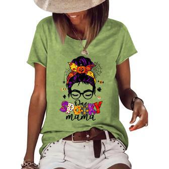 One Spooky Mama Messy Bun Skull Halloween Costume Momster Women's Loose T-shirt - Seseable