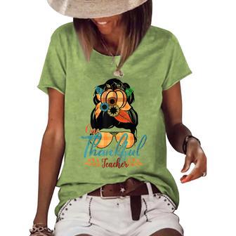 One Thankful Teacher Messy Bun Fall Autumn Thanksgiving V2 Women's Short Sleeve Loose T-shirt - Thegiftio UK