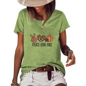 Peace Love Fall Leopard Heart Pumpkin Women's Loose T-shirt - Seseable