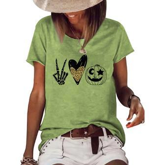 Peace Love Pumpkin Leopard Heart Halloween Women's Loose T-shirt - Seseable