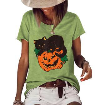 Pumpkin And Black Cat Halloween Vintage Costume Women's Loose T-shirt - Seseable