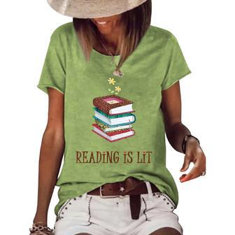 Reading Is Lit Literacy Book Flower Literature Teacher Lover Women's Short Sleeve Loose T-shirt - Thegiftio UK