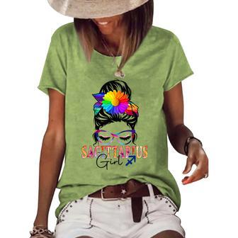 Sagittarius Girl Birthday Messy Bun Hair Colorful Floral Women's Loose T-shirt - Seseable