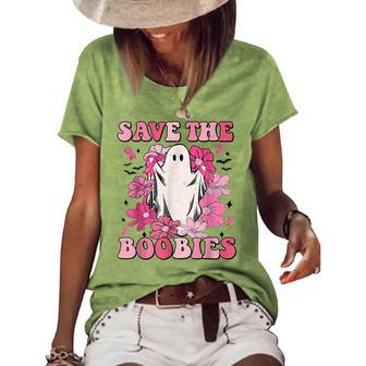 Save The Boobies Pink Ghost Women Breast Cancer Halloween Women's Short Sleeve Loose T-shirt - Thegiftio UK
