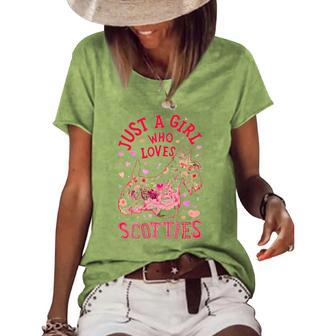 Scottie Scottish Terrier Just A Girl Who Loves Dog Flower Women's Short Sleeve Loose T-shirt | Mazezy
