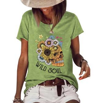 Skeleton And Plants Wild Soul Daisy Flower Women's Loose T-shirt - Seseable