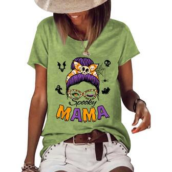 Skull Messy Bun Halloween Spooky Mama Mom Halloween Women's Loose T-shirt - Seseable
