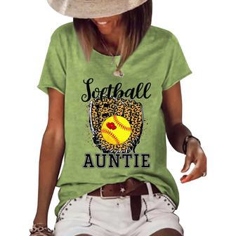 Softball Auntie Leopard Game Day Aunt Mother Softball Lover Women's Short Sleeve Loose T-shirt - Thegiftio UK