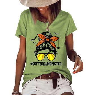Softball Momster For Women Halloween Mom Messy Bun Women's Loose T-shirt - Seseable