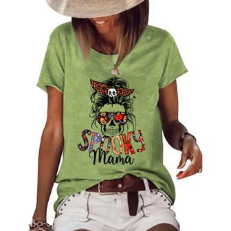 Spooky Mama Skull Halloween Womens Messy Bun Witch Women's Loose T-shirt - Seseable