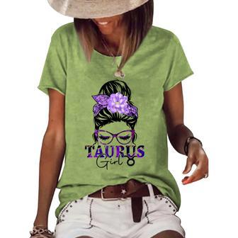 Taurus Girl Birthday Messy Bun Hair Purple Floral Women's Loose T-shirt - Seseable