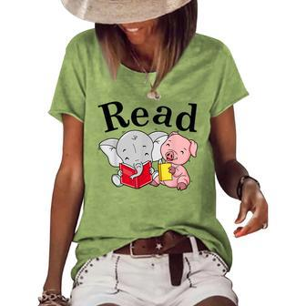 Teacher Library Read Book With Cute Pig And Elephant Women's Short Sleeve Loose T-shirt - Thegiftio UK