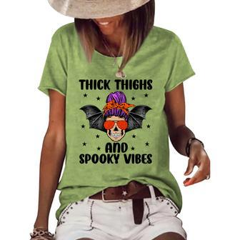 Thick Thights And Spooky Vibes Halloween Messy Bun Hair Women's Loose T-shirt - Seseable