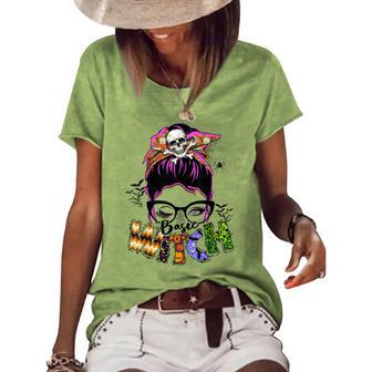 Basic Witch Halloween Messy Bun Halloween Skull Turban Women's Loose T-shirt - Seseable