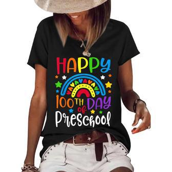 100 Days Smarter Preschool Happy 100Th Day Of School Rainbow Women's Short Sleeve Loose T-shirt - Thegiftio UK