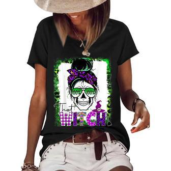 100% That Witch Halloween Costume Messy Bun Skull Witch Girl Women's Short Sleeve Loose T-shirt - Seseable