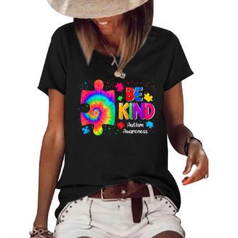 Be Kind Puzzle Pieces Tie Dye Cute Autism Awareness Women's Short Sleeve Loose T-shirt - Thegiftio