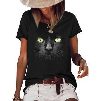 Beautiful Black Cat Face Big Green Eyes Cool Halloween Cats Women's Short Sleeve Loose T-shirt - Seseable