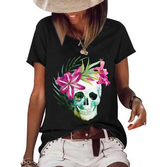 Beautiful Flower And Skull For Woman And Hard Rock Women's Short Sleeve Loose T-shirt - Thegiftio