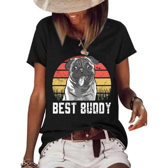 Best Buddy Pug Dog Breed Vintage Dog Lover Puppy Doggo Retro Women's Short Sleeve Loose T-shirt - Thegiftio UK