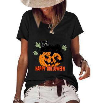 Black Cat Pumpkin Halloween Day Sublimation Retro Halloween Women's Short Sleeve Loose T-shirt - Thegiftio UK