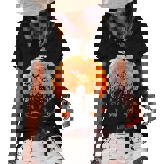 Black Cats Moon Pumpkin Funny Halloween Horror Women's Short Sleeve Loose T-shirt - Thegiftio