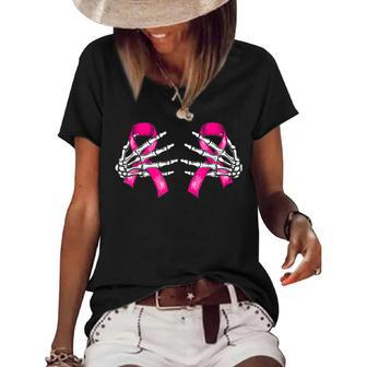 Boob Skeleton Hand On Breast Cancer Ribbon Halloween Womens V2 Women's Short Sleeve Loose T-shirt - Thegiftio UK