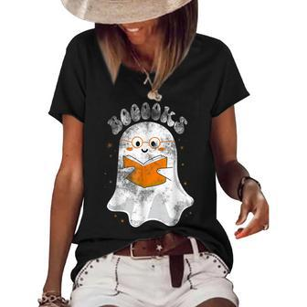 Booooks Ghost Funny Halloween Teacher Book Library Reading V4 Women's Short Sleeve Loose T-shirt - Thegiftio UK