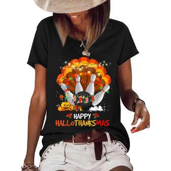 Bowling Halloween And Merry Christmas Happy Hallothanksmas Women's Short Sleeve Loose T-shirt - Thegiftio UK