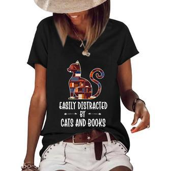 Cat Book Lovers Gift Easily Distracted By Cats And Books Cool Gift Graphic Design Printed Casual Daily Basic Women's Short Sleeve Loose T-shirt - Thegiftio UK