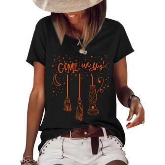 Come We Fly Basic Witch Broom Happy Halloween Women's Short Sleeve Loose T-shirt - Seseable