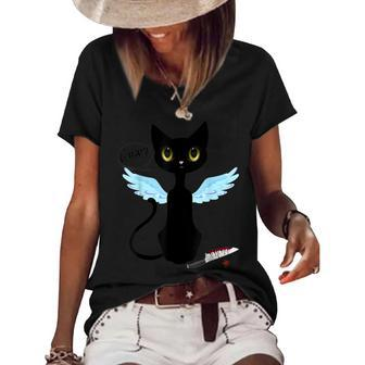 Cool Murderous Black Cat What With Knife Funny Halloween Women's Short Sleeve Loose T-shirt - Seseable