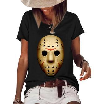Creepy Goalie Hockey Halloween Mask Graphic Design Printed Casual Daily Basic Women's Short Sleeve Loose T-shirt - Thegiftio UK