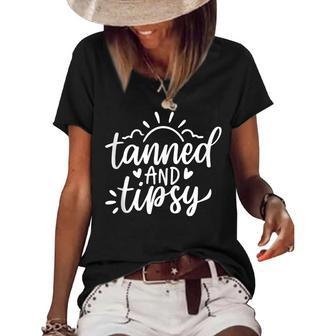 Cute Summer Tanned And Tipsy Funny Salty Beaches Girls Trip Women's Short Sleeve Loose T-shirt - Seseable