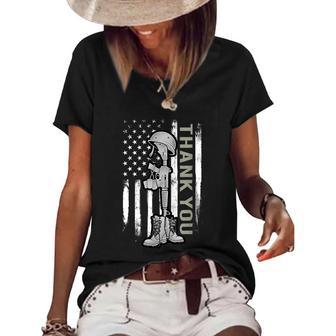 Distressed Memorial Day Gift Us Flag Military Boots Dog Tags Gift Women's Short Sleeve Loose T-shirt - Monsterry UK