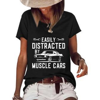 Easily Distracted By Muscle Cars Classic Car Enthusiast Graphic Design Printed Casual Daily Basic Women's Short Sleeve Loose T-shirt - Thegiftio UK