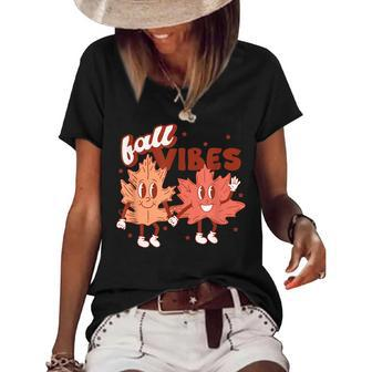 Fall Vibes Pumpkins Funny Leaves Autumn Vibes Red With Gold Women's Short Sleeve Loose T-shirt - Thegiftio UK