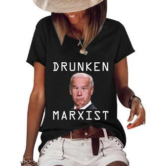 Funny Anti Biden Drunken Marxist Joe Biden Women's Short Sleeve Loose T-shirt - Monsterry