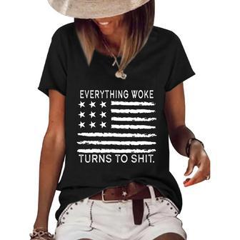Funny Anti Biden Everything Woke Turns To Shit American Flag Women's Short Sleeve Loose T-shirt - Monsterry UK