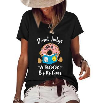 Funny Bookworm Teacher Librarian Reading Donut Pun Literacy Cool Gift Women's Short Sleeve Loose T-shirt - Monsterry