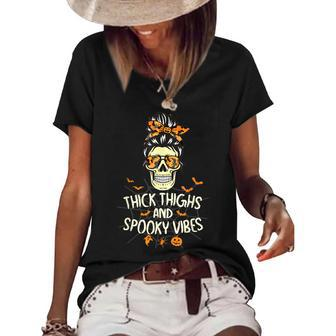 Funny Thick Thighs & Spooky Vibes Skull Messy Bun Halloween V3 Women's Short Sleeve Loose T-shirt - Seseable