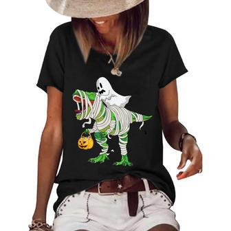 Ghost Riding T Rex Mummy Dinosaur Halloween Women's Short Sleeve Loose T-shirt - Seseable